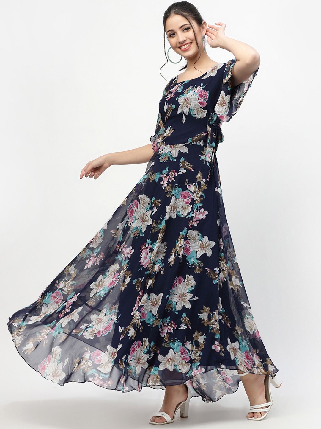 

MISS AYSE Floral Print Short Sleeve Georgette Maxi Dress, Navy blue