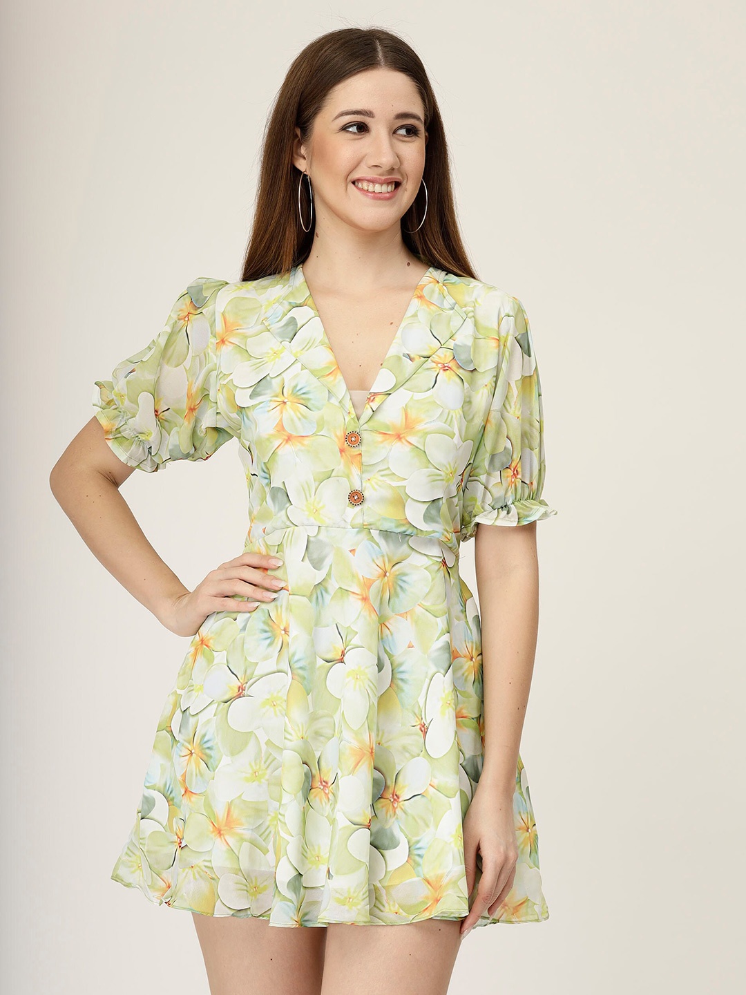 MISS AYSE Floral Printed Puff Sleeve Georgette Fit & Flare Mini Dress, Green