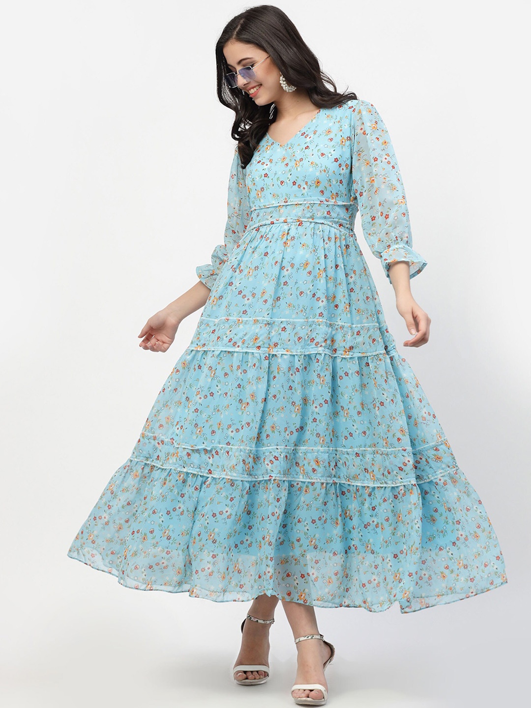 

MISS AYSE Floral Printed Fit and Flare Georgette Maxi Dress, Blue
