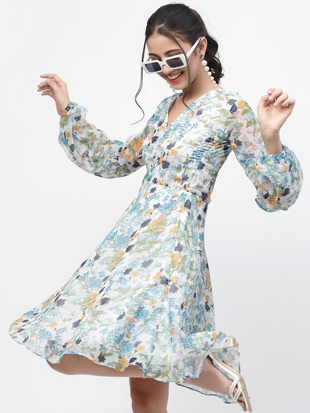 

MISS AYSE Floral Printed Cuffed Sleeve Georgette Fit & Flare Dress, Blue
