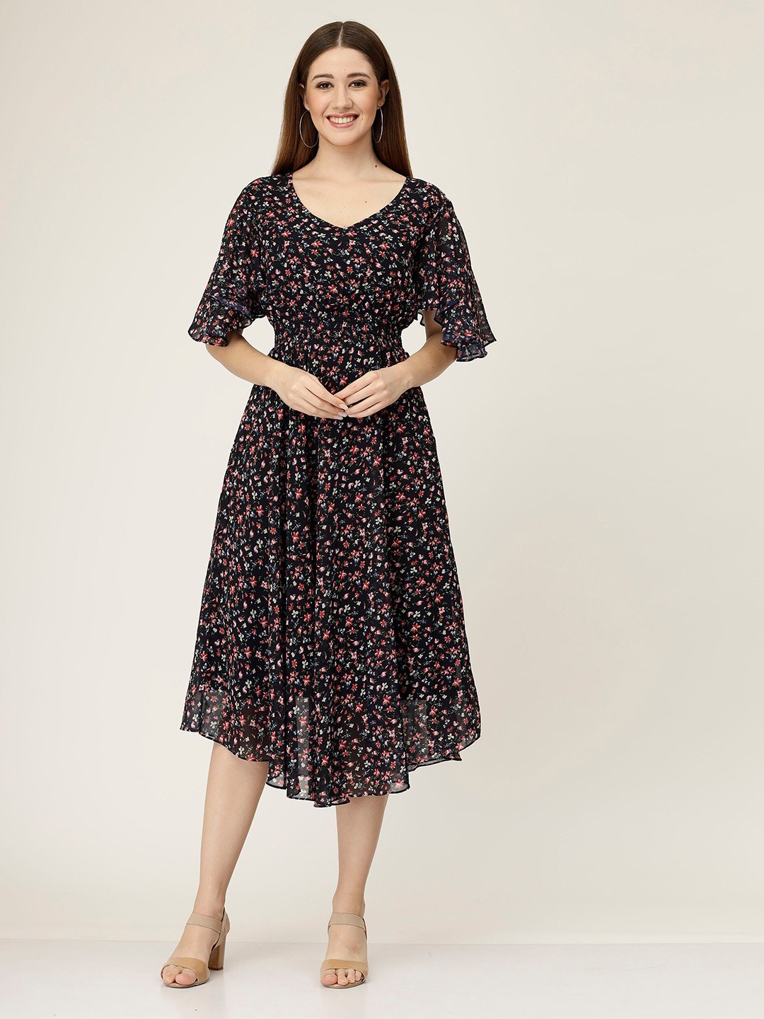 

MISS AYSE Floral Printed Flared Sleeve Georgette Fit & Flare Midi Dress, Black