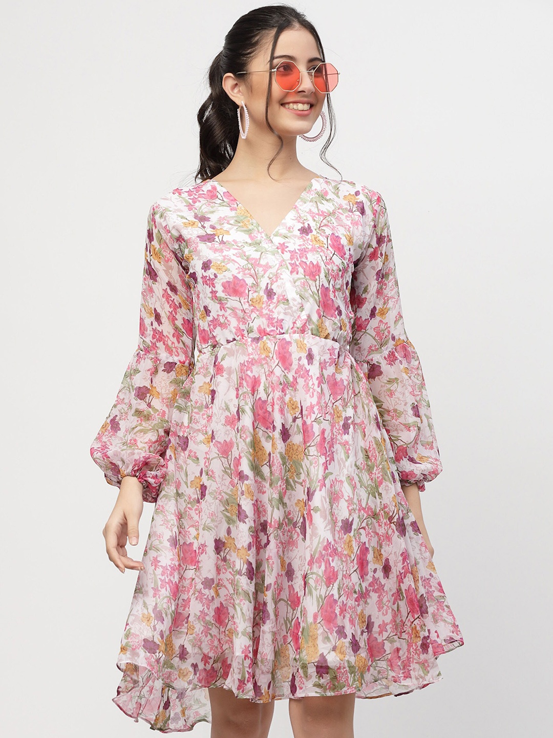 

MISS AYSE Floral Printed Cuffed Sleeves Georgette Fit & Flare Dress, Pink