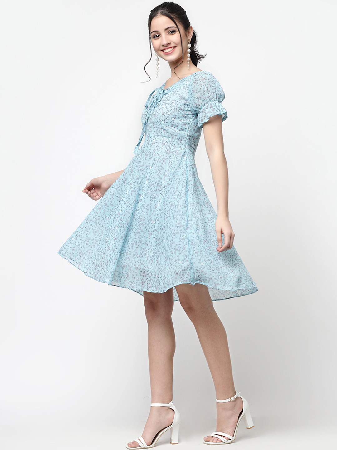 

MISS AYSE Women Floral Printed Fit & Flare Dress, Blue