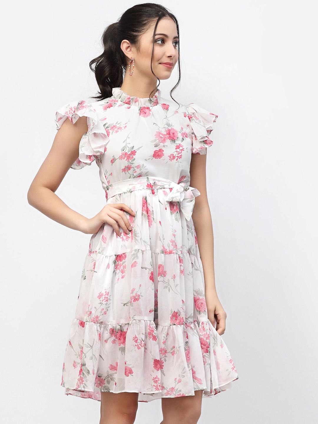 

MISS AYSE Floral Printed Georgette Fit & Flare Dress, Pink