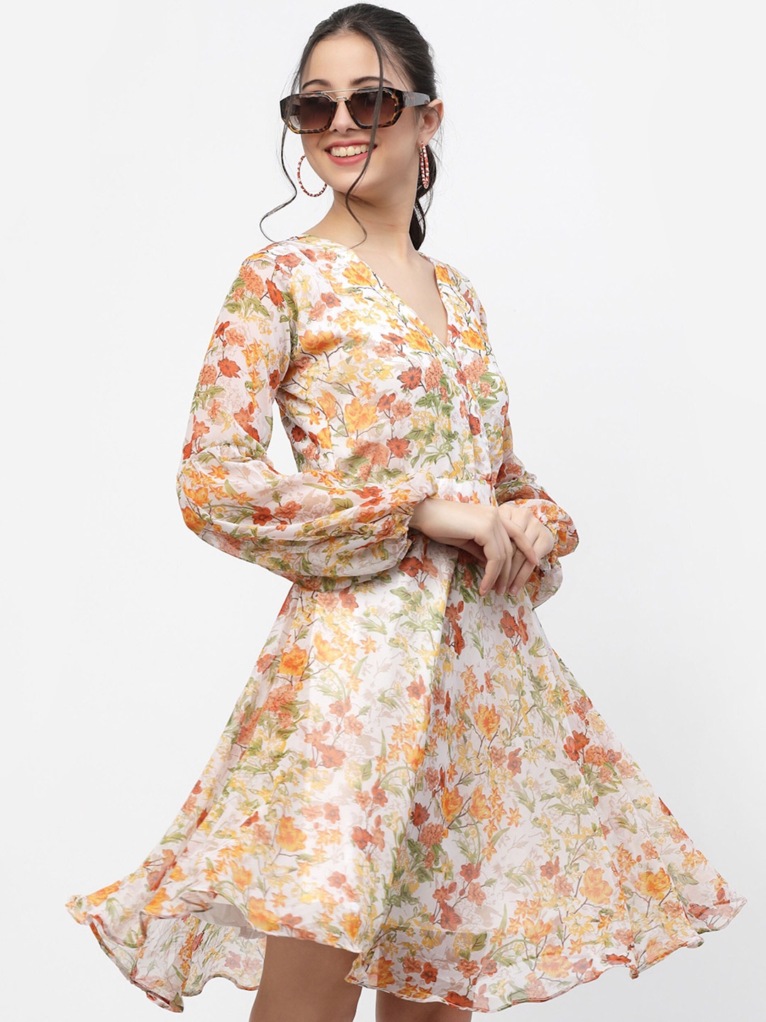

MISS AYSE Floral Printed Puff Sleeve Georgette Fit & Flare Dress, Beige