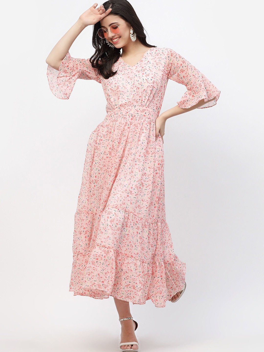 

MISS AYSE Women Floral Printed Flared Sleeve Fit & Flare Dress, Pink