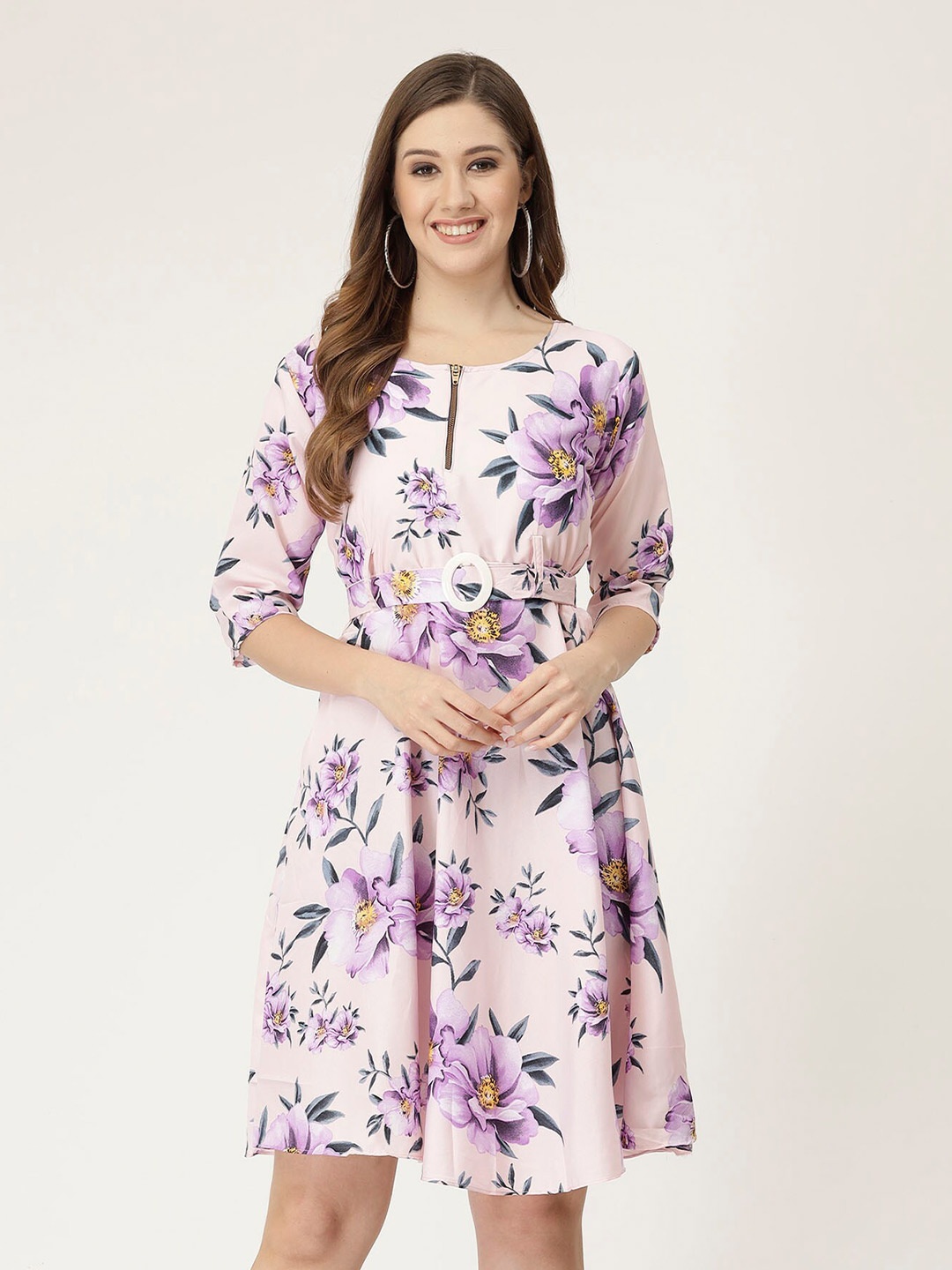 

MISS AYSE Women Floral Printed Fit & Flare Dress, Pink