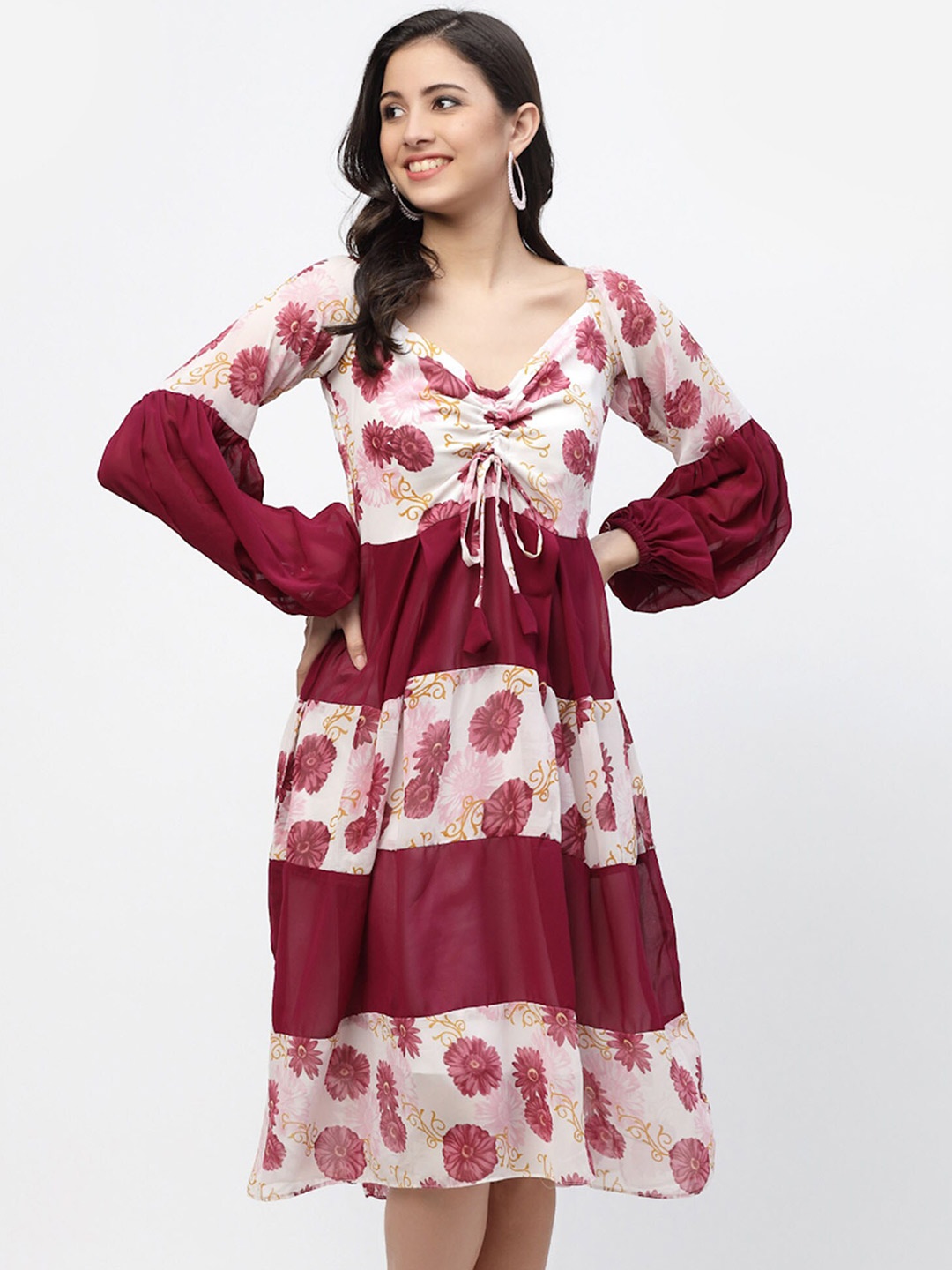 

MISS AYSE Women Floral Printed Puff Sleeve Fit & Flare Dress, Purple