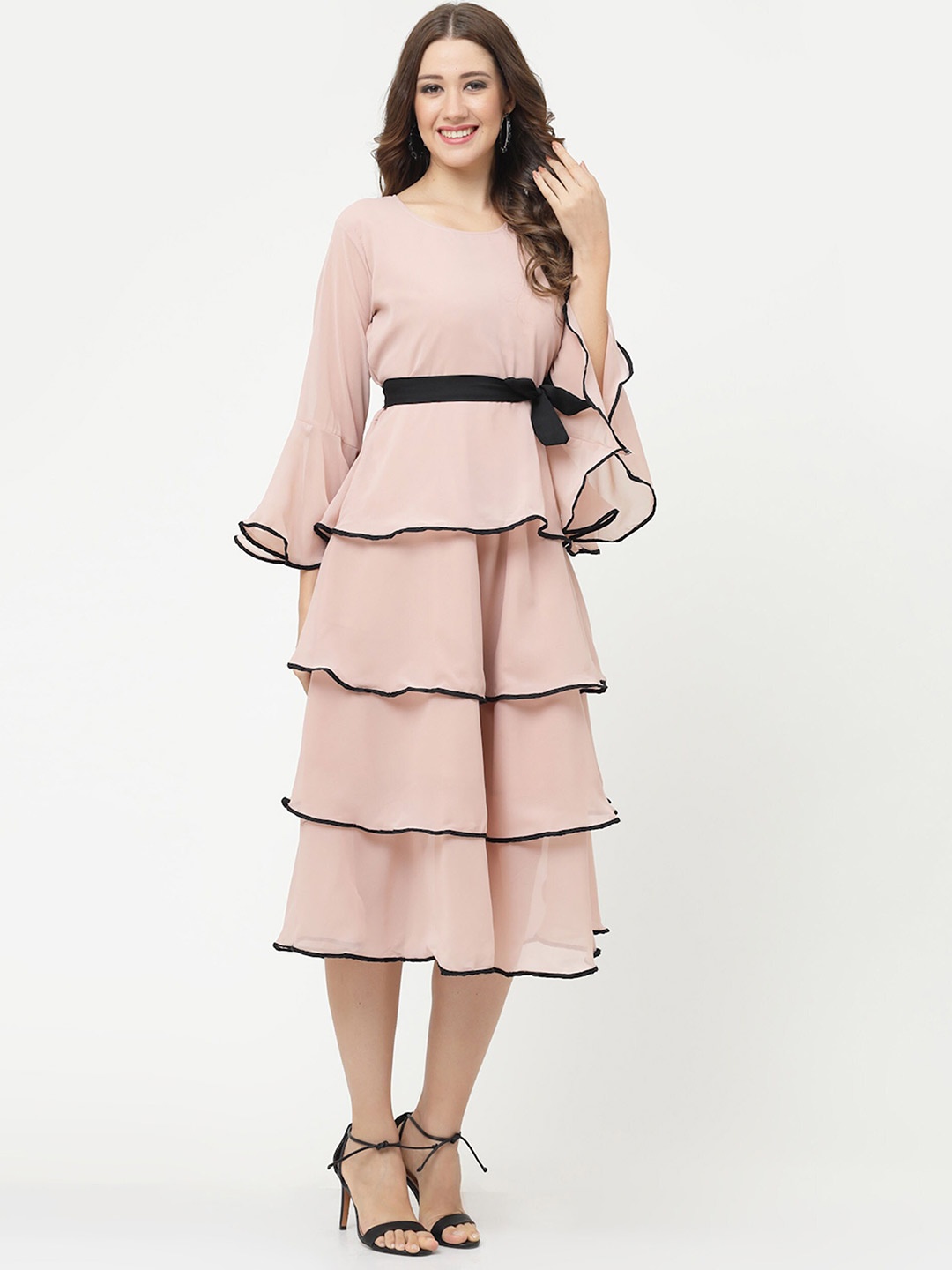 

MISS AYSE Women Solid Flared Sleeves Fit & Flare Dress, Pink