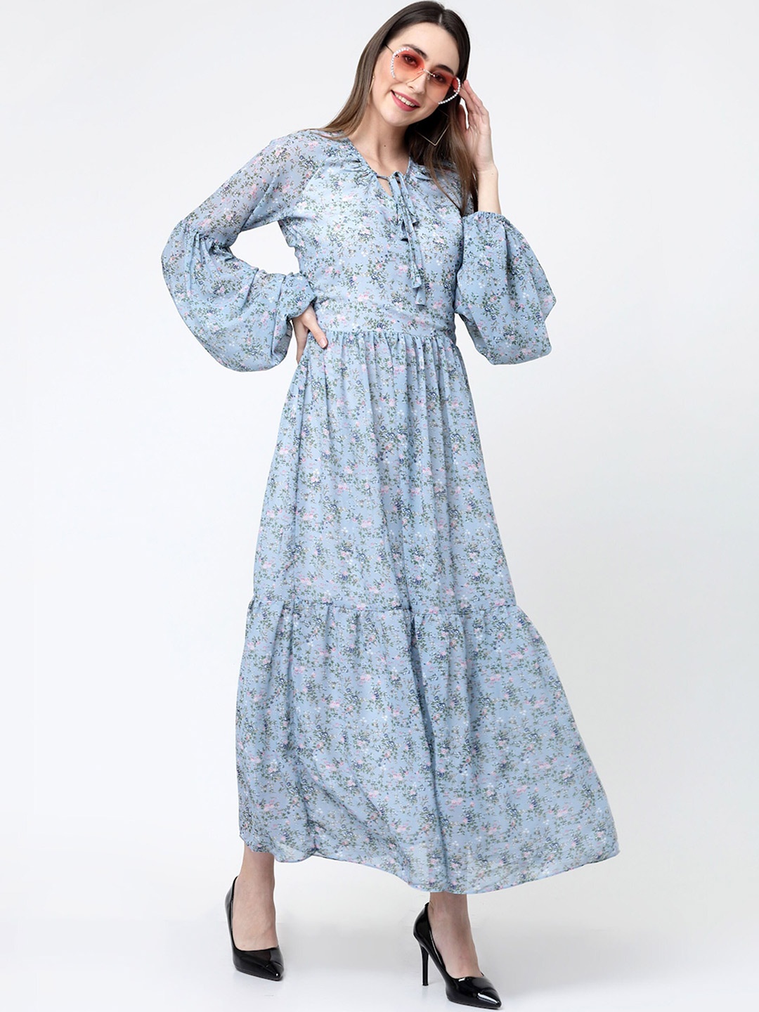 MISS AYSE Women Floral Printed Puff Sleeve Maxi Dress, Blue