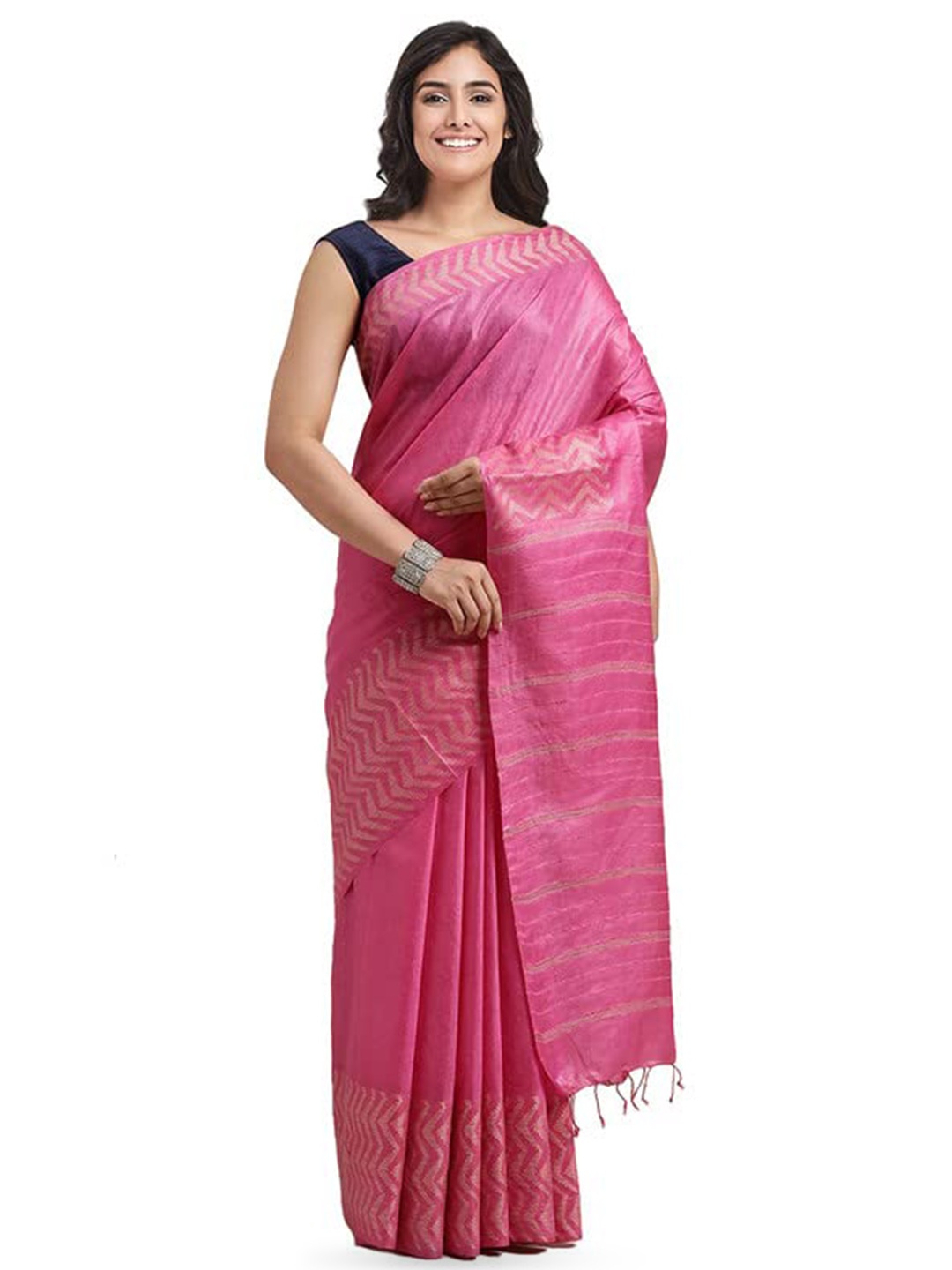 

INDIA SILK PWCS LTD Heringbon Border Zari Bhagalpuri Saree, Pink