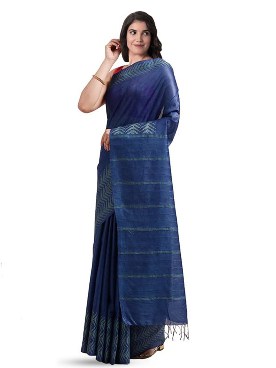 

INDIA SILK PWCS LTD Heringbon Border Zari Bhagalpuri Saree, Blue