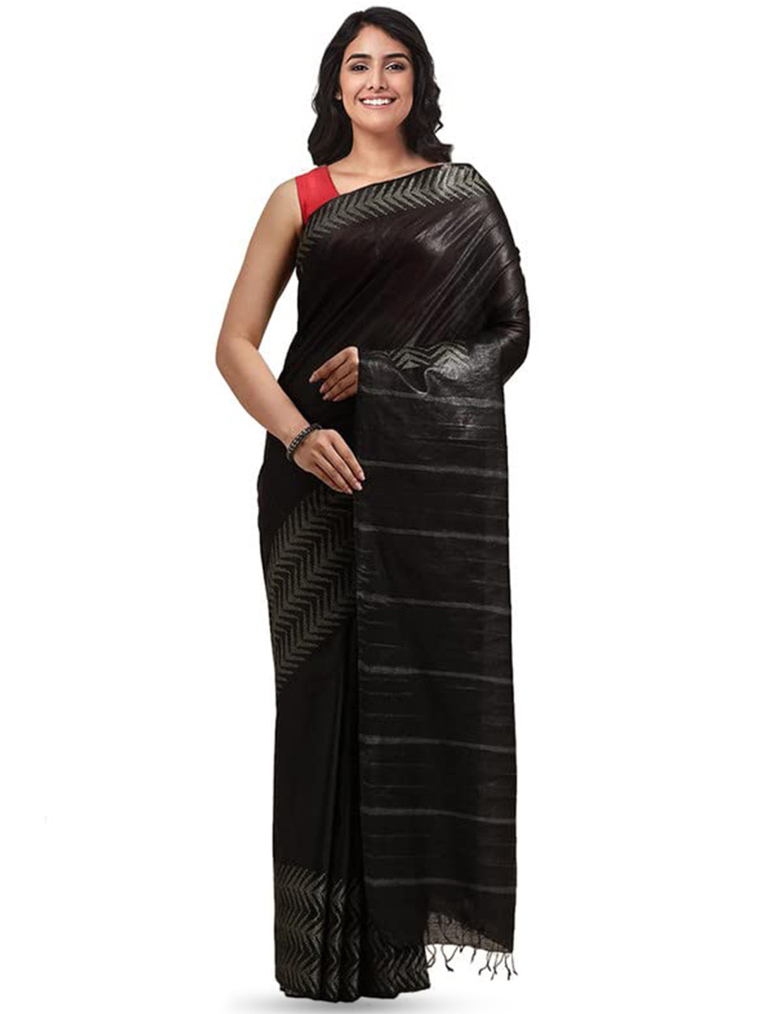 

INDIA SILK PWCS LTD Heringbon Border Zari Bhagalpuri Saree, Black