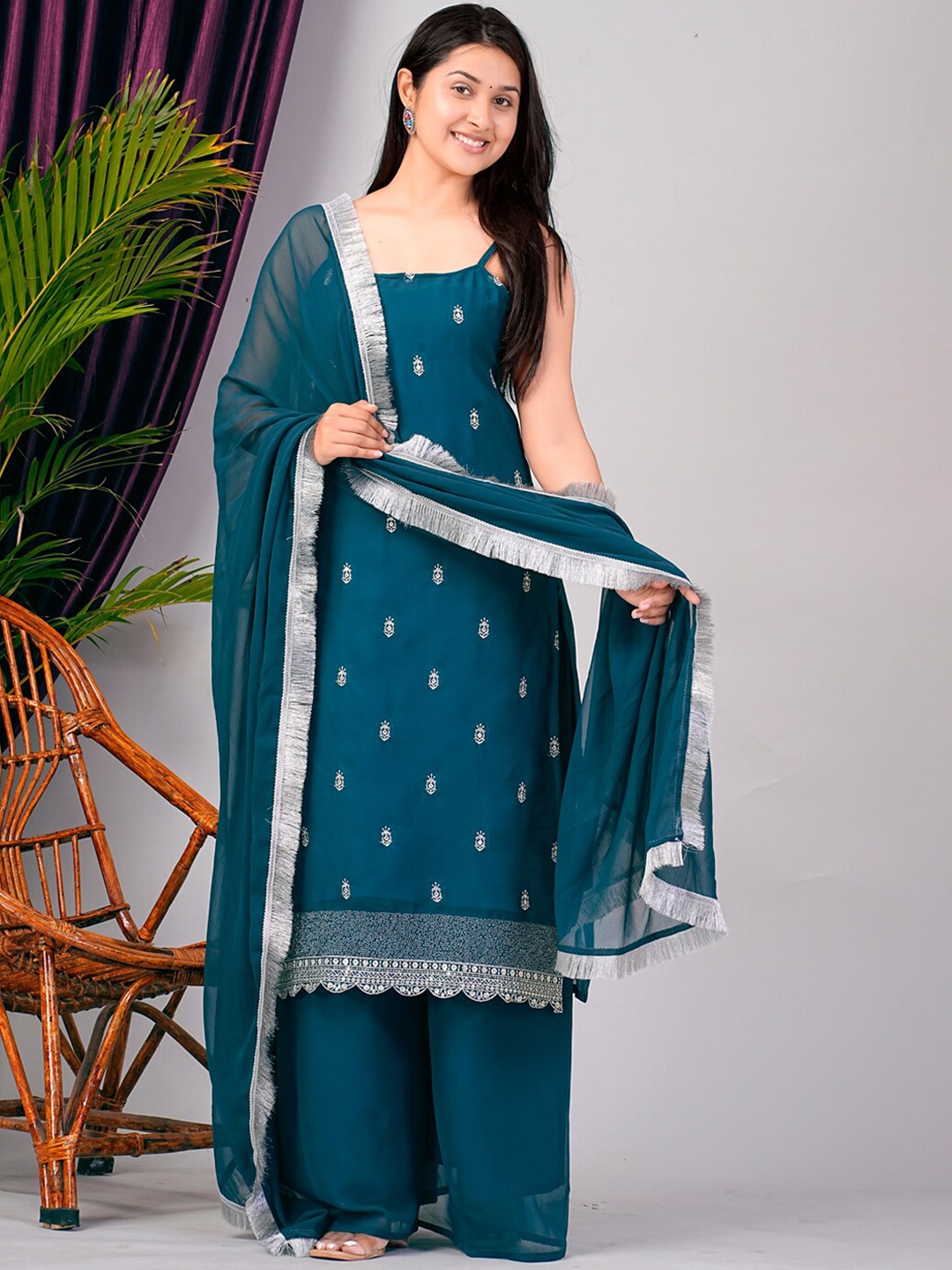 

Vilochan Floral Embroidered Sequinned Georgette Kurta with Palazzos & Dupatta, Blue