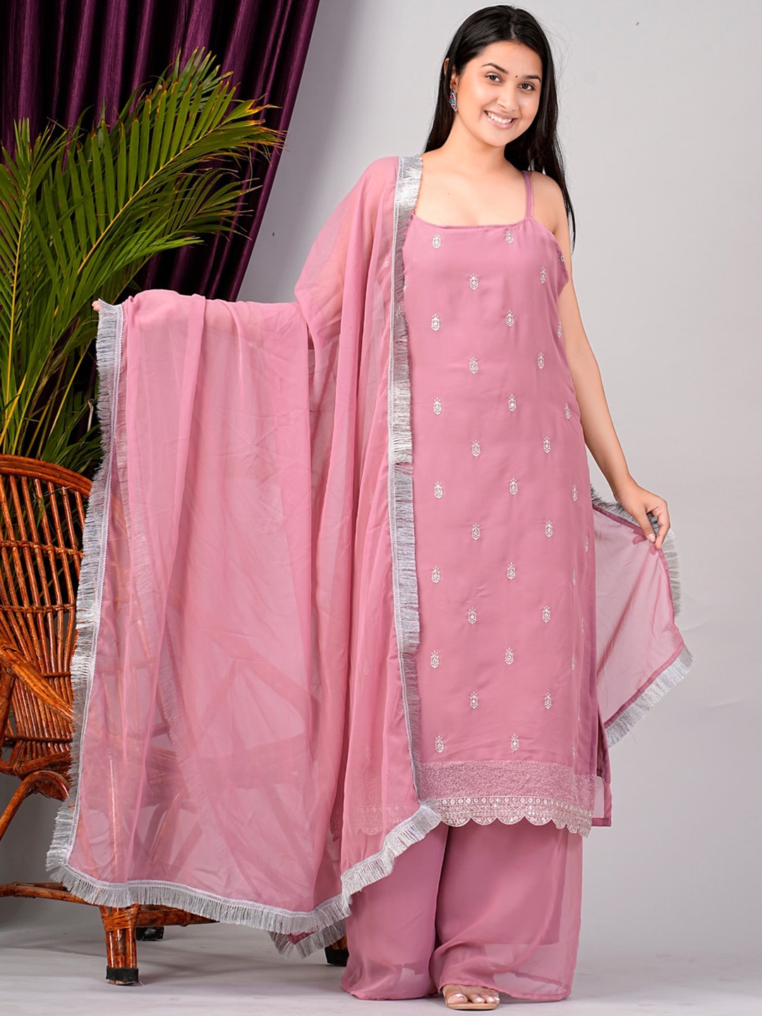 

Vilochan Floral Embroidered Sequinned Georgette Kurta with Palazzos & Dupatta, Pink
