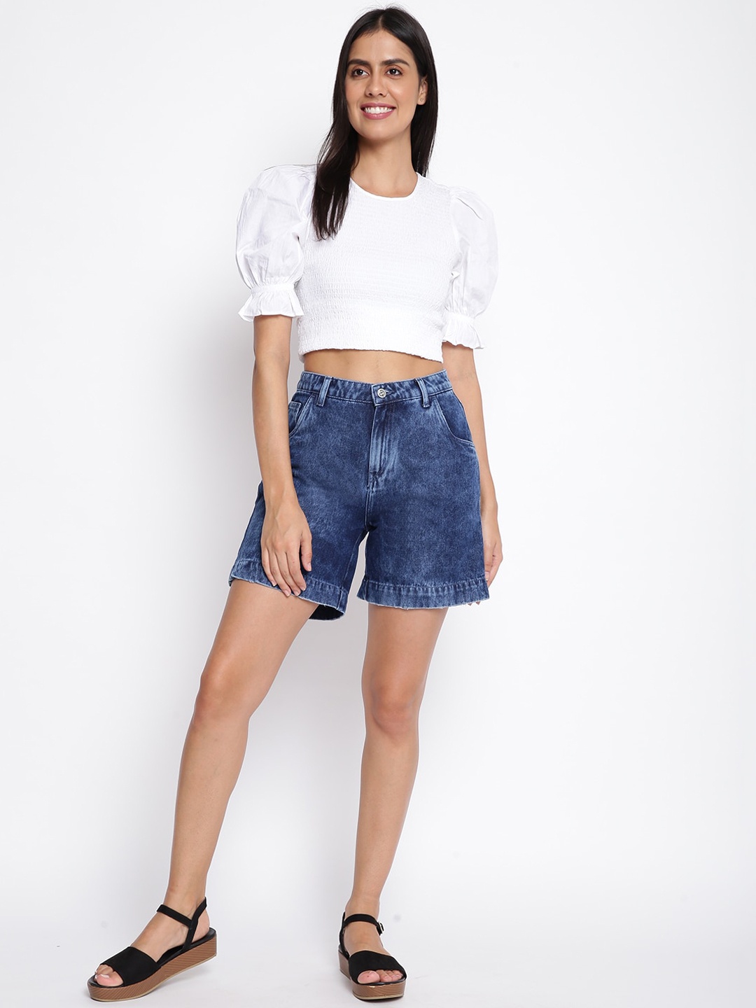 

TALES & STORIES Women Washed Outdoor Denim Shorts with Technology, Blue
