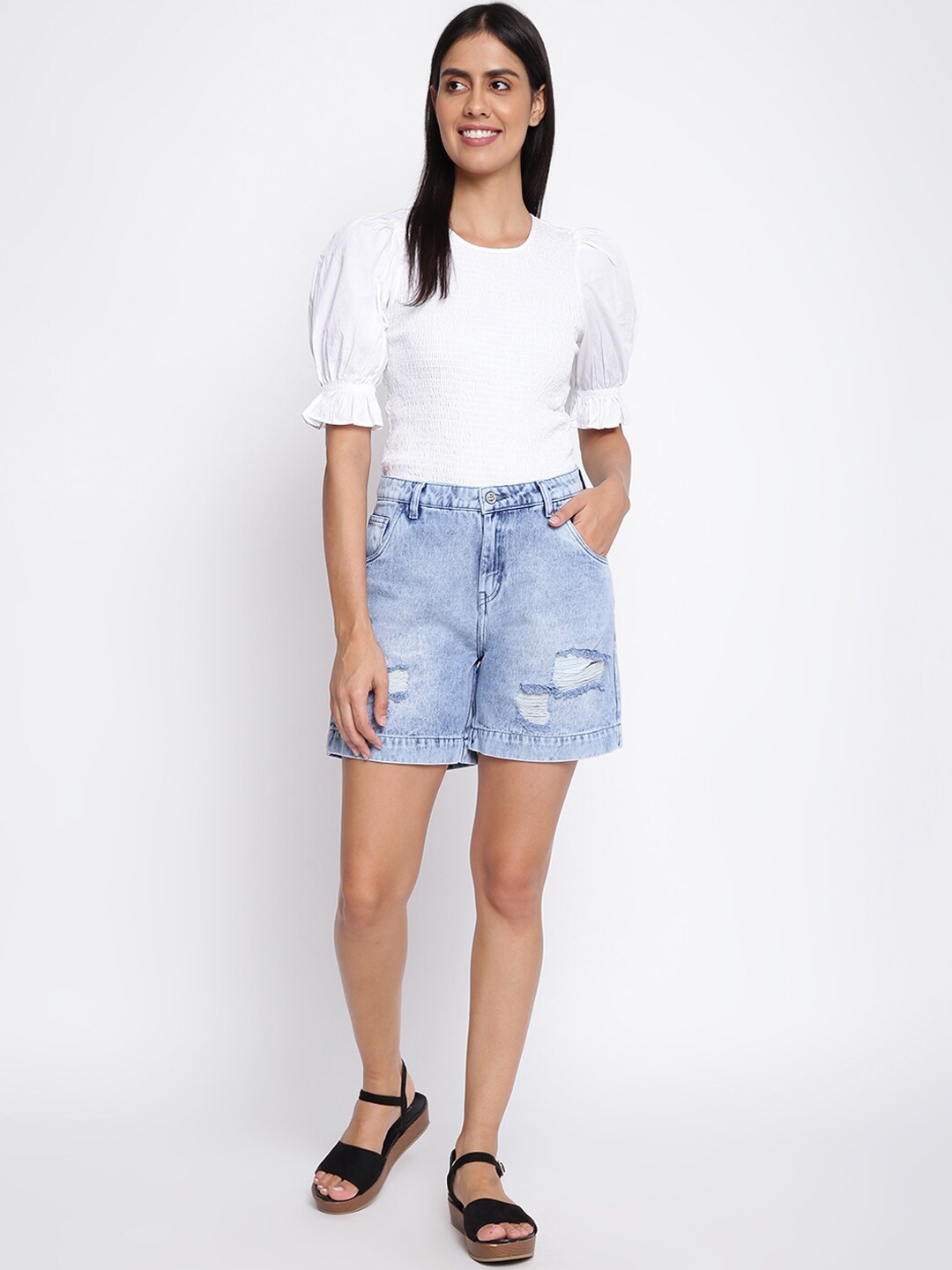

TALES & STORIES Women Washed Outdoor Denim Shorts with Technology, Blue