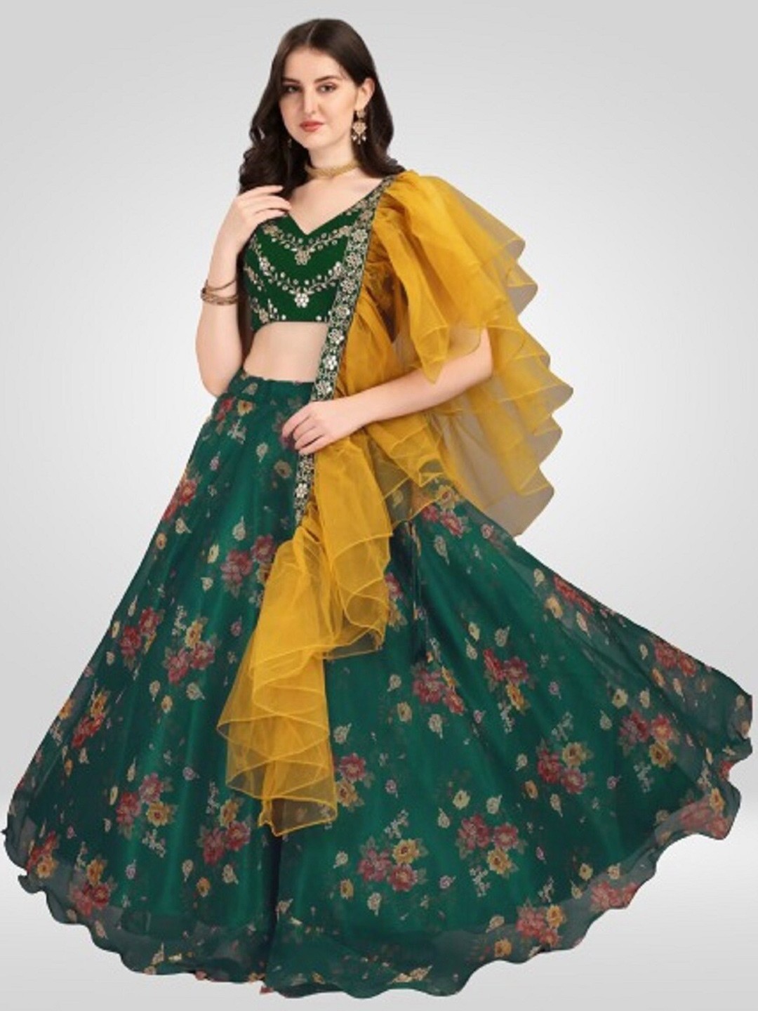 

BAESD Embroidered Semi-Stitched Lehenga & Unstitched Blouse With Ruffled Dupatta, Green