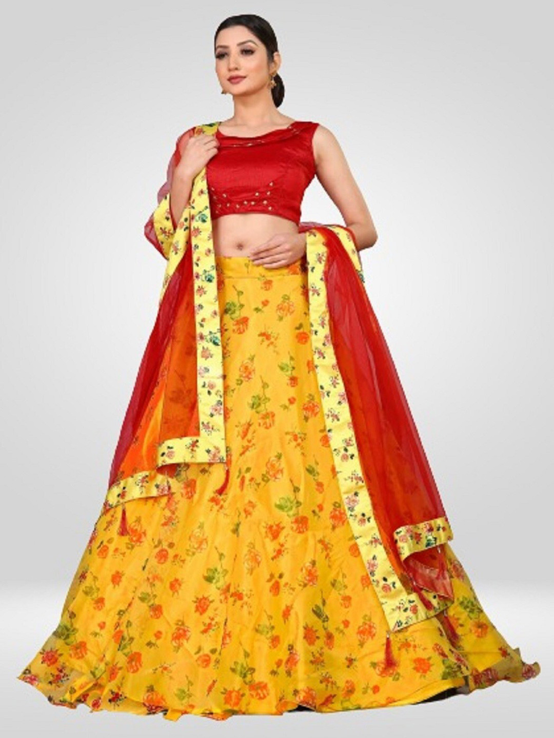 

BAESD Semi-Stitched Organza Printed Lehenga & Unstitched Blouse With Dupatta, Yellow