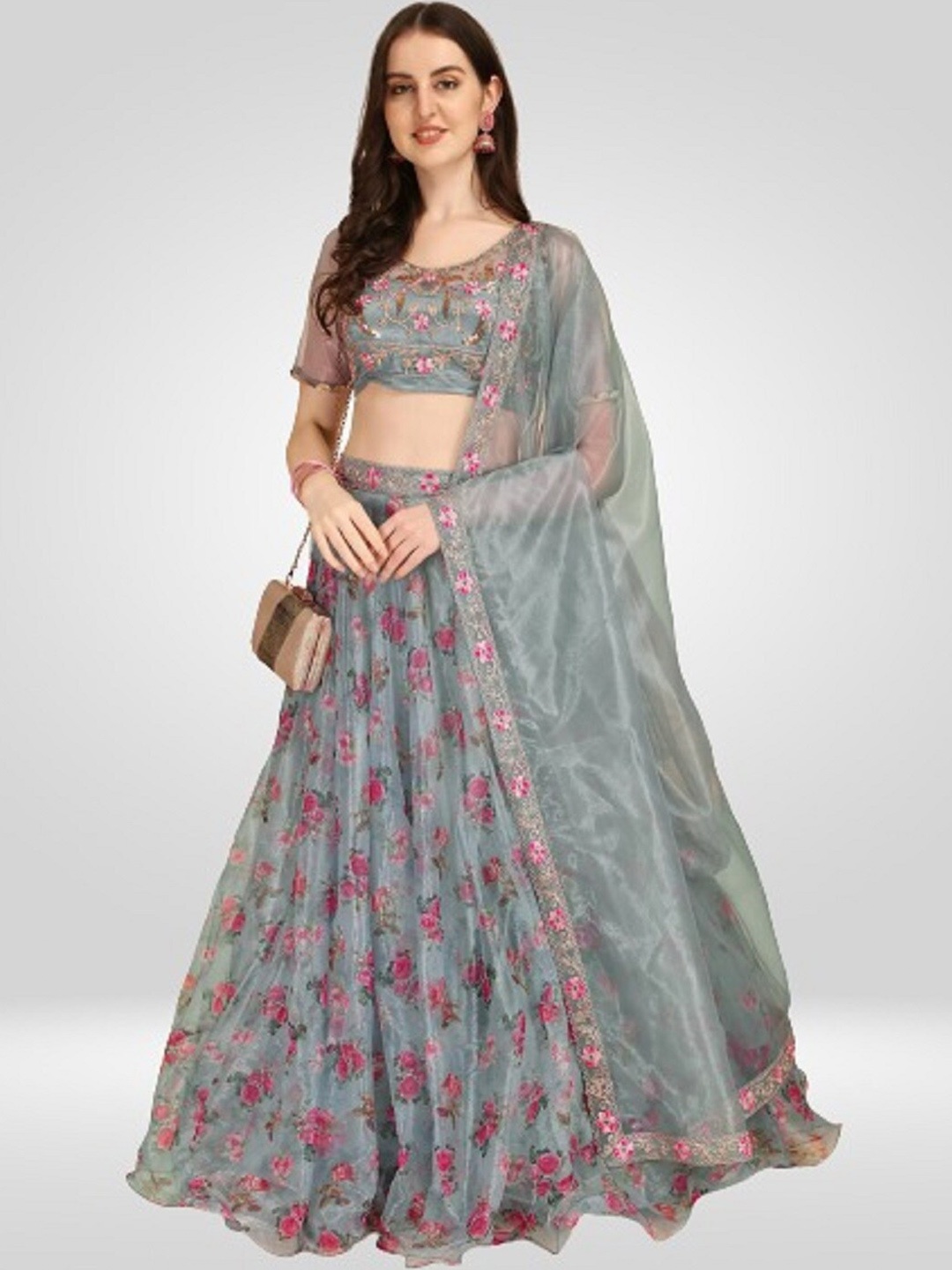 

BAESD Printed Semi-Stitched Organza Lehenga & Unstitched Blouse With Dupatta, Grey
