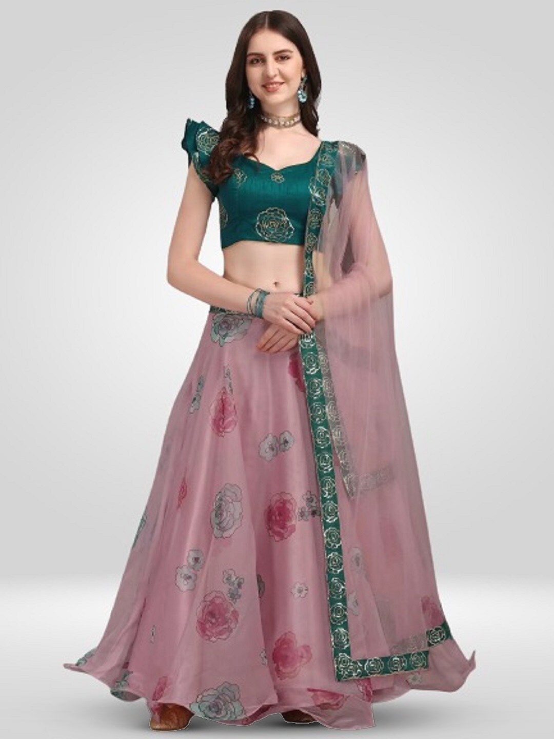 

BAESD Printed Semi-Stitched Organza Lehenga & Unstitched Blouse With Dupatta, Pink