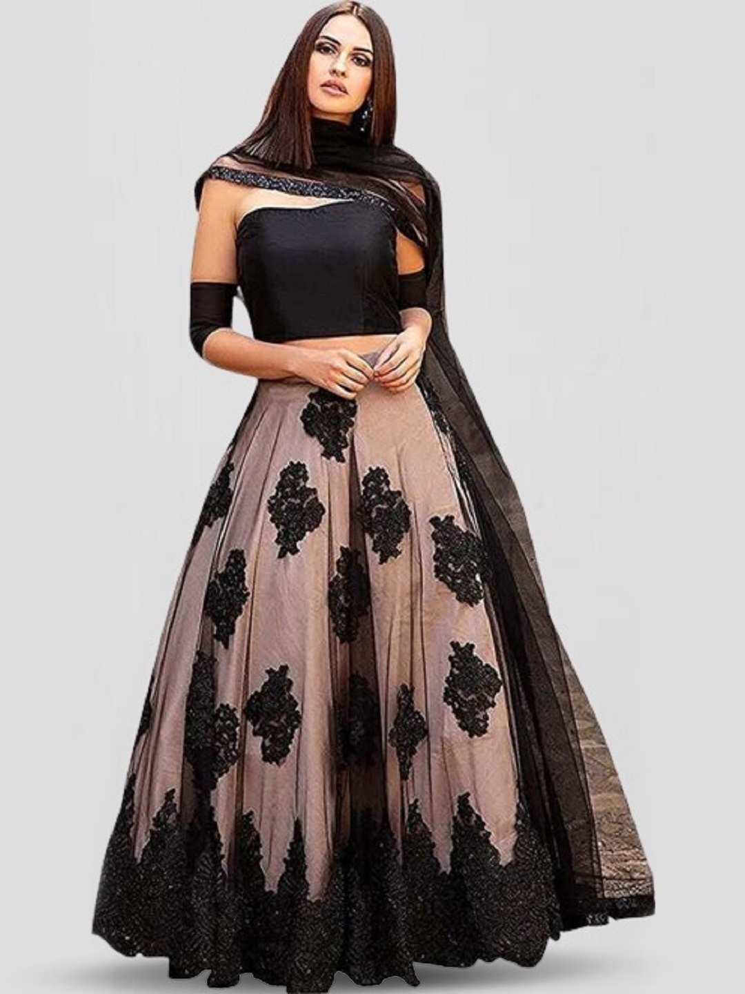 

BAESD Embroidered Net Semi-Stitched Lehenga & Unstitched Blouse With Dupatta, Black