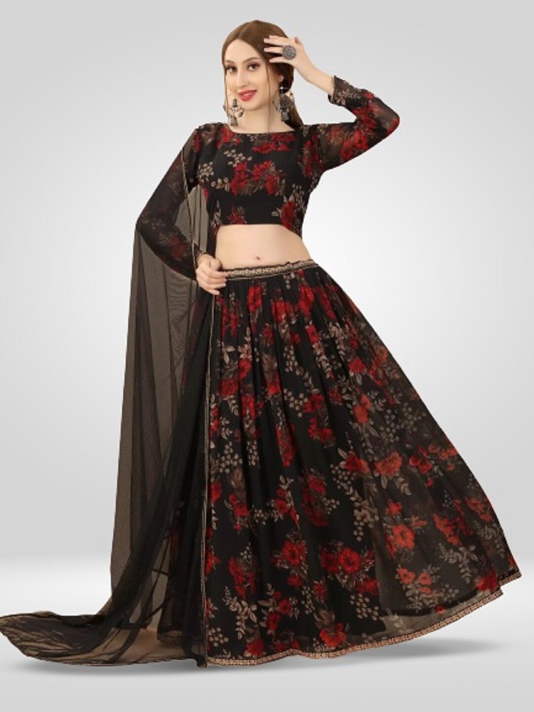 

BAESD Floral Printed Semi-Stitched Lehenga & Unstitched Blouse With Dupatta, Black