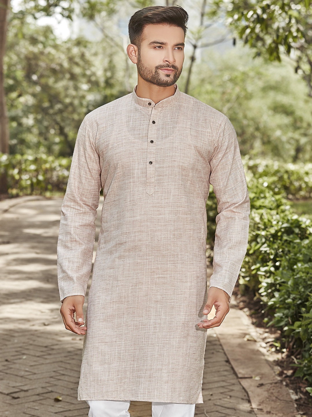 

Authentics Men Striped Thread Work Kurta, Brown