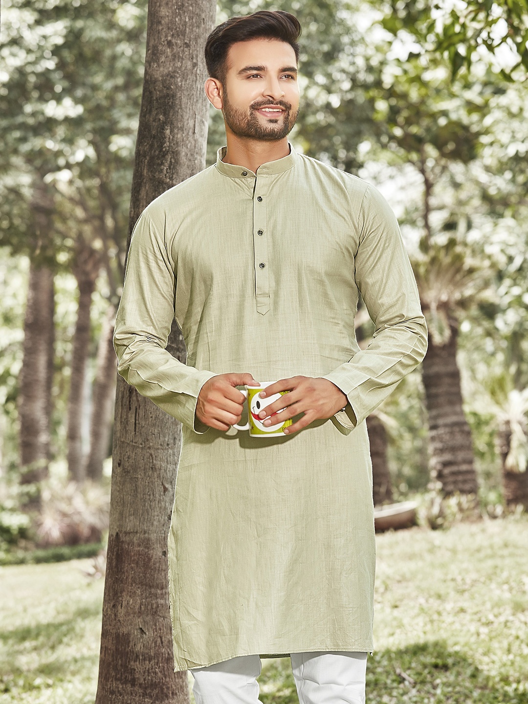 

Authentics Men Thread Work Kurta, Olive