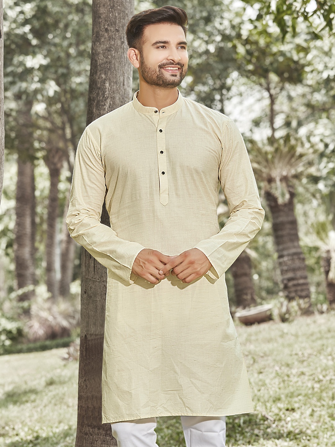 

Authentics Men Yoke Design Flared Sleeves Thread Work Kurta, Beige