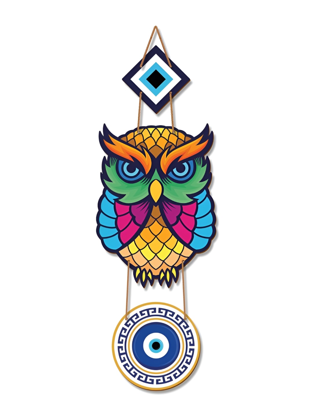 

TECHEL Blue & Yellow Wooden Owl Evil Eye Wall Hanging