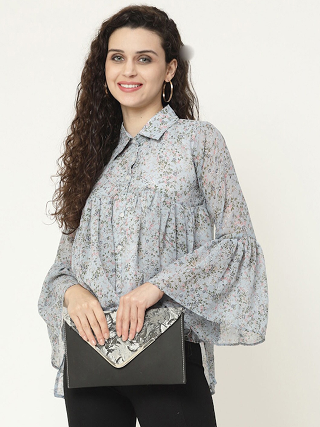 

MISS AYSE Floral Print Bell Sleeve Georgette Top, Grey
