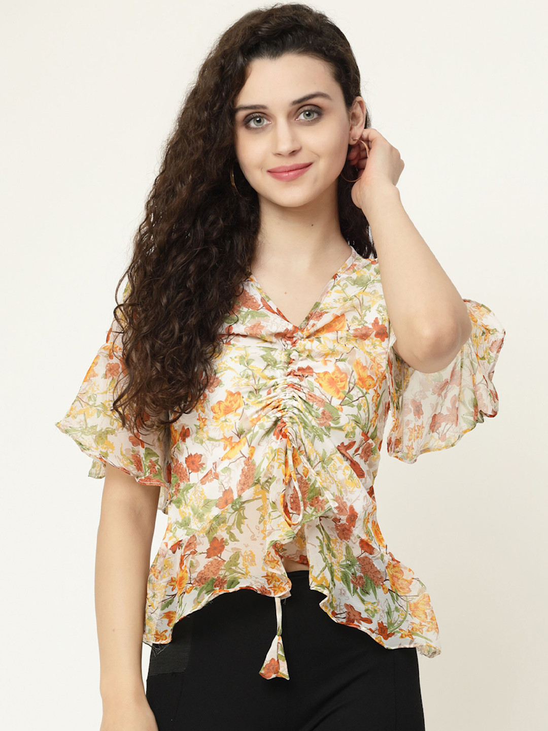 

MISS AYSE Floral Print Extended Sleeves Georgette Styled Back Top, Orange