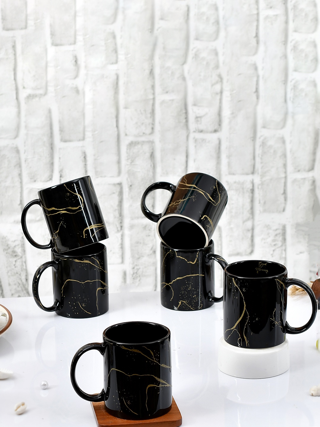 

SUBLIKRAFT Black & Gold Toned 6 Pieces Ceramic Glossy Mugs 330 ml