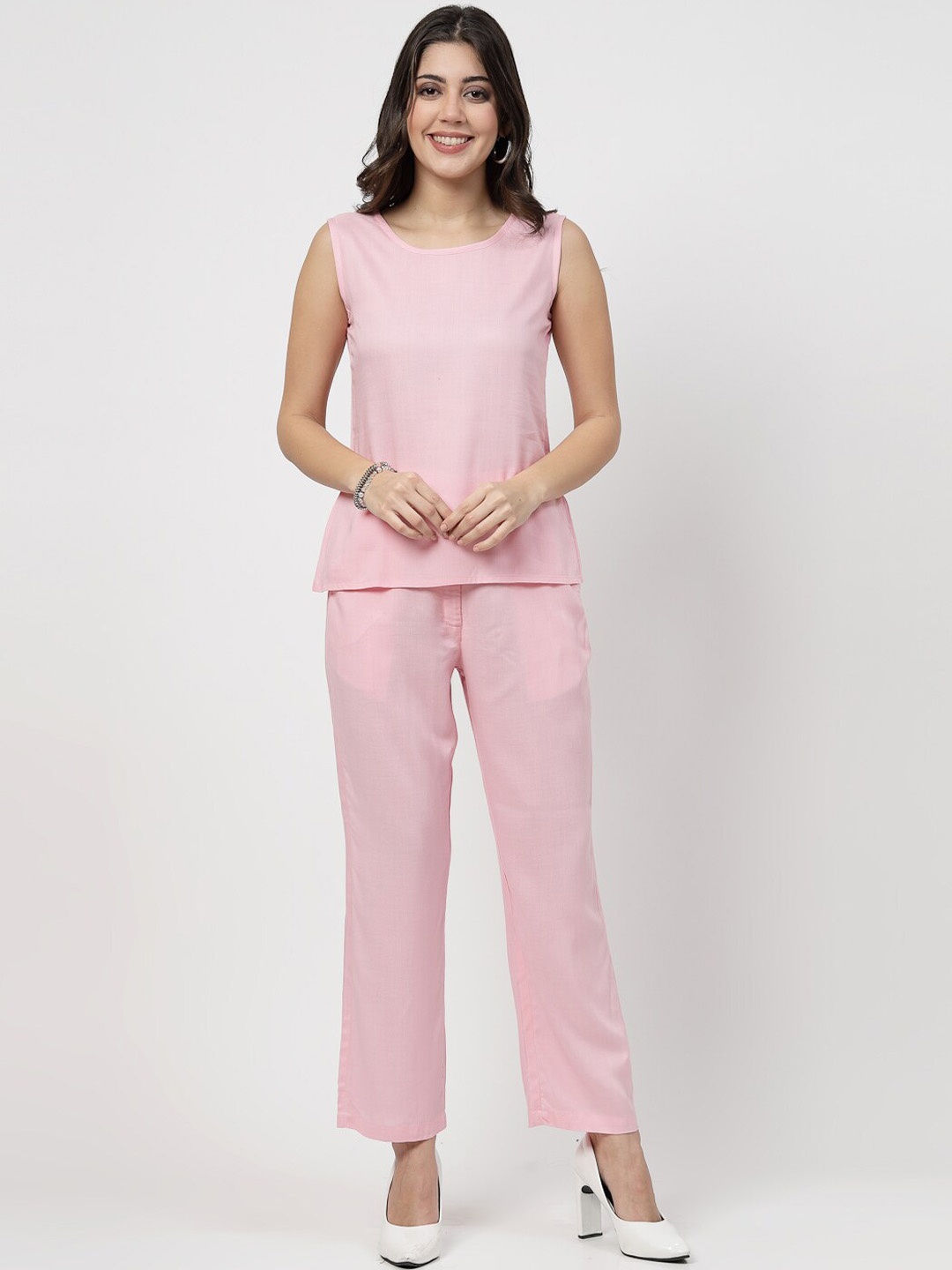 

Karmic Vision Round Neck Top & Blazer With Trousers, Pink