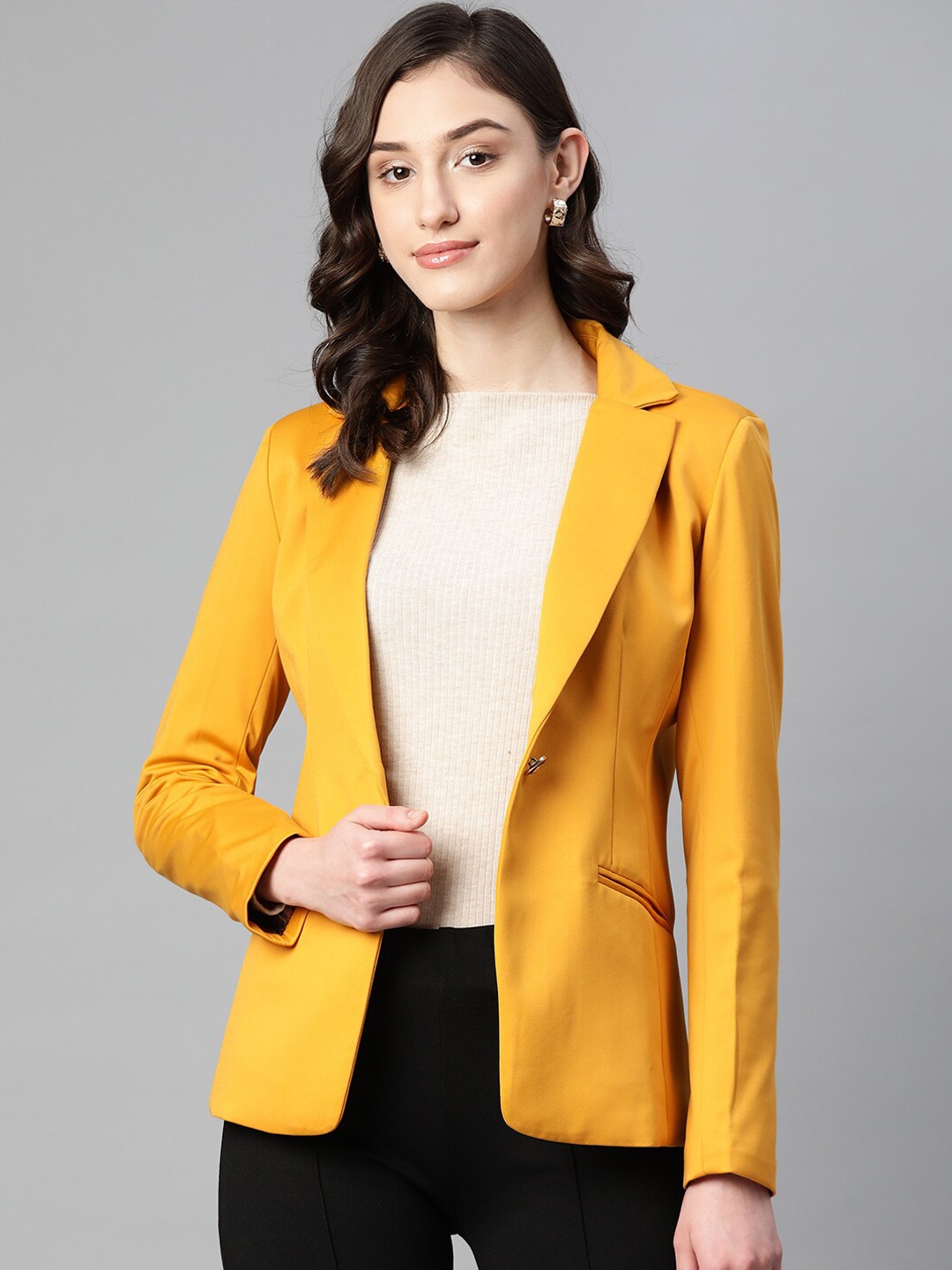 

Purple State Slim-Fit Notched Lapel Collar Single-Breasted Casual Blazer, Yellow