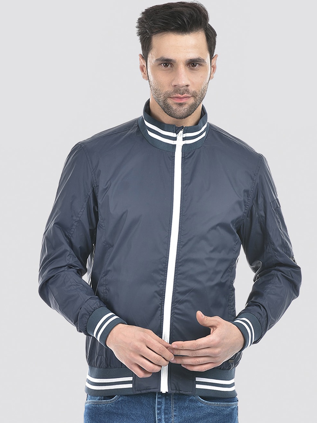 

Numero Uno Men Striped Varsity Jacket, Navy blue