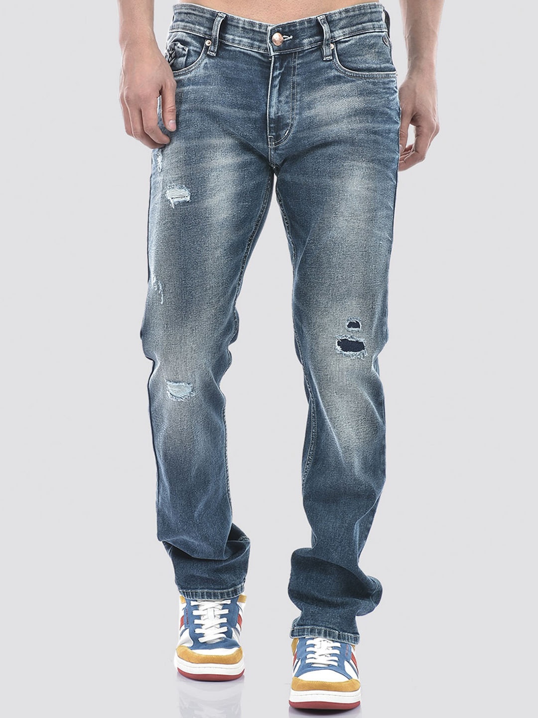 

Numero Uno Men Solid Slim Fit Mildly Distressed Heavy Fade Stretchable Denim Jeans, Navy blue