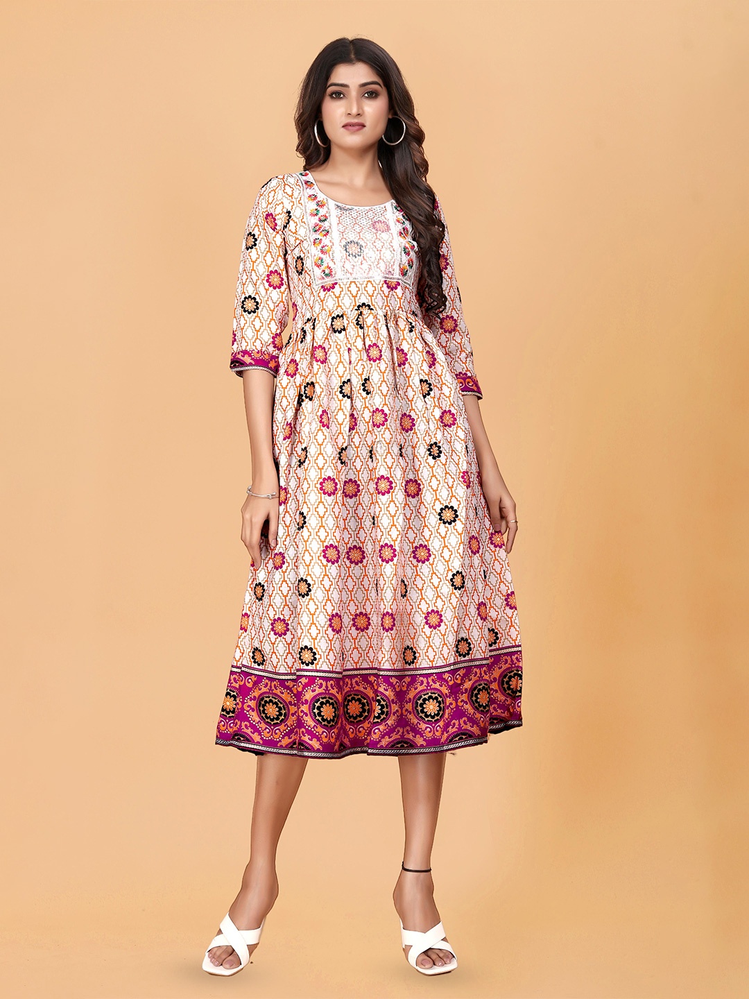 

BAESD Ethnic Motifs Printed Fit and Flare Midi Dress, Multi