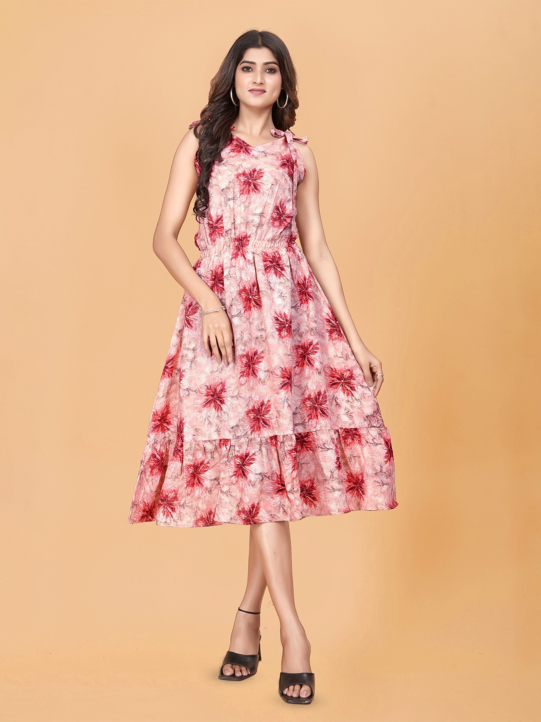 

BAESD Floral Print Ruffled Fit & Flare Midi Dress, Maroon