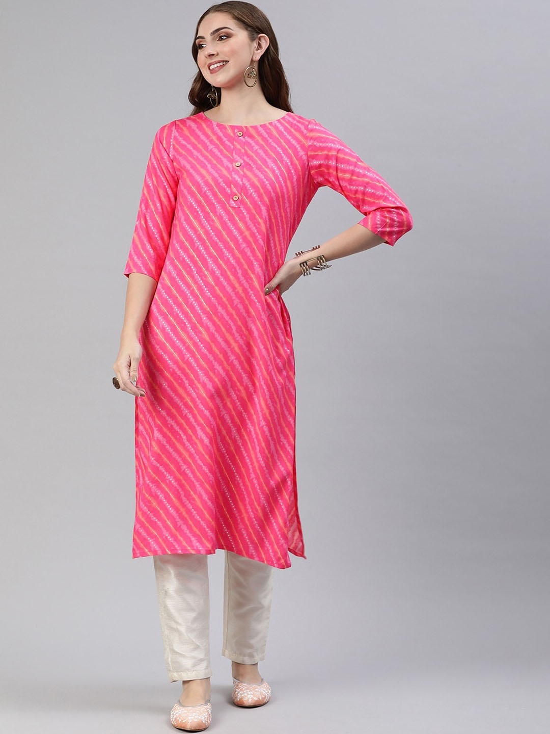 

KALINI Women Leheriya Striped Keyhole Neck Kurta, Magenta