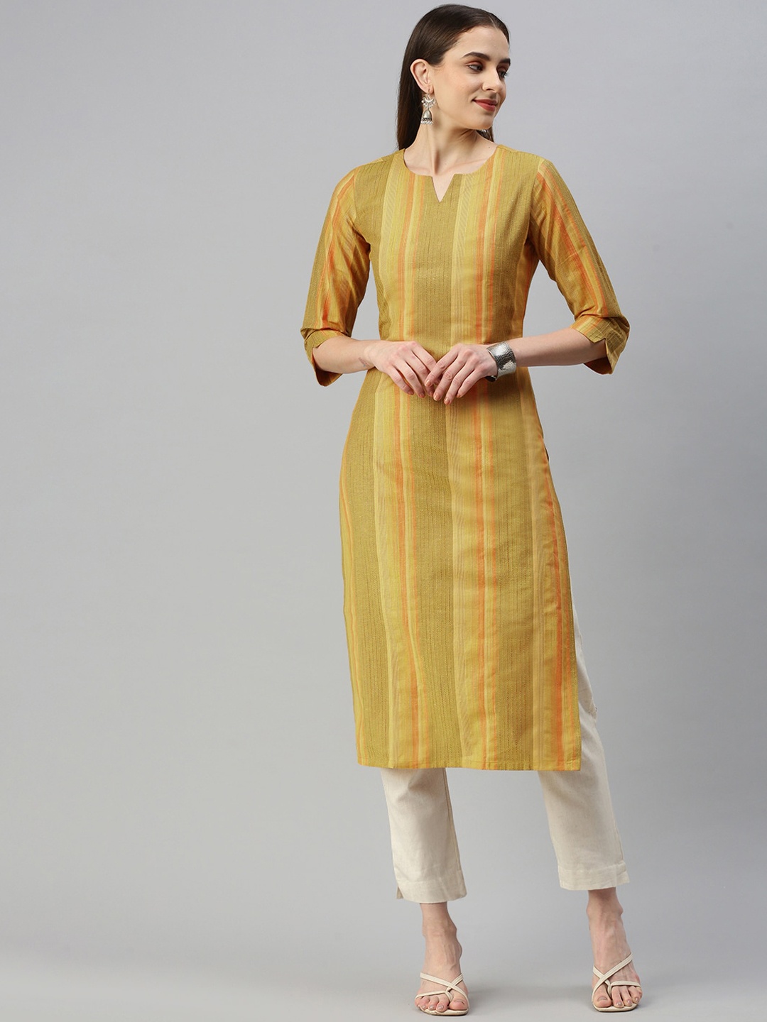 

KALINI Women Checked Thread Work Kurta, Yellow