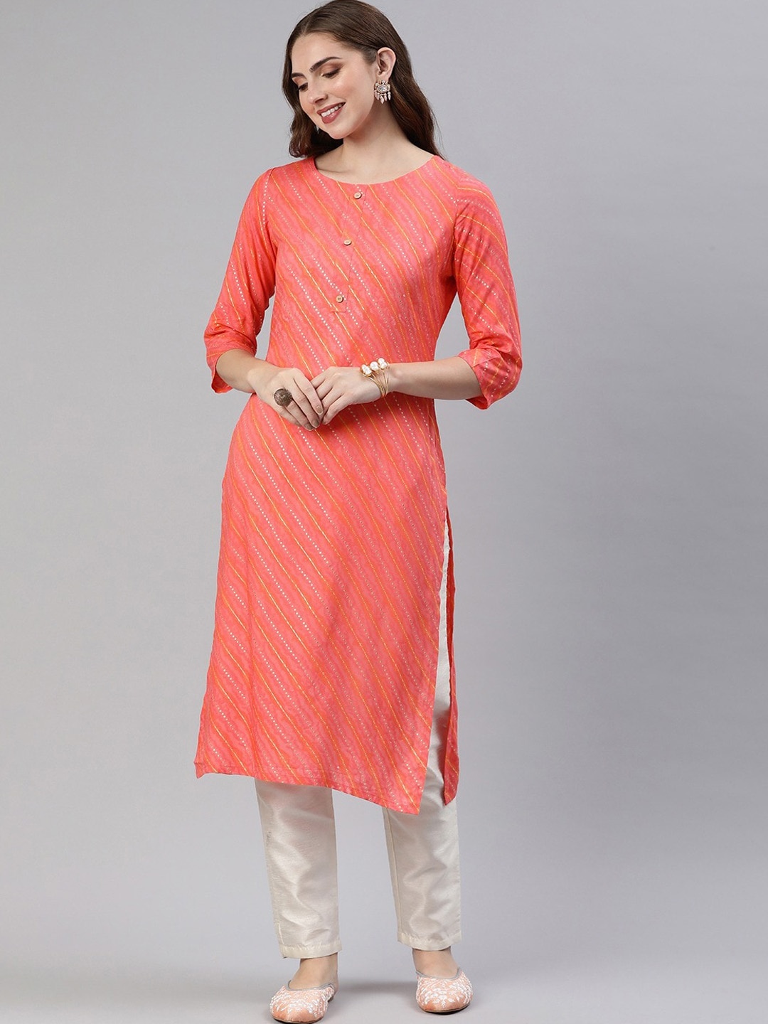 

KALINI Women Checked Keyhole Neck Flared Sleeves Kurta, Pink