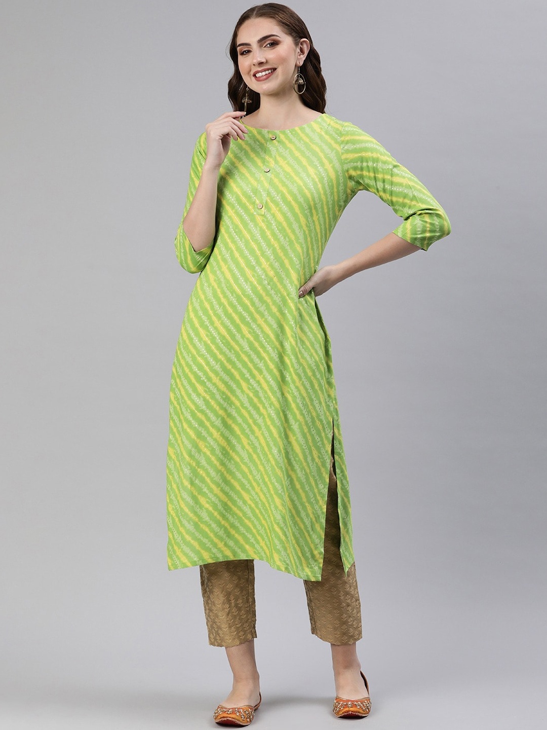 

KALINI Women Striped Keyhole Neck Gotta Patti Kurta, Green