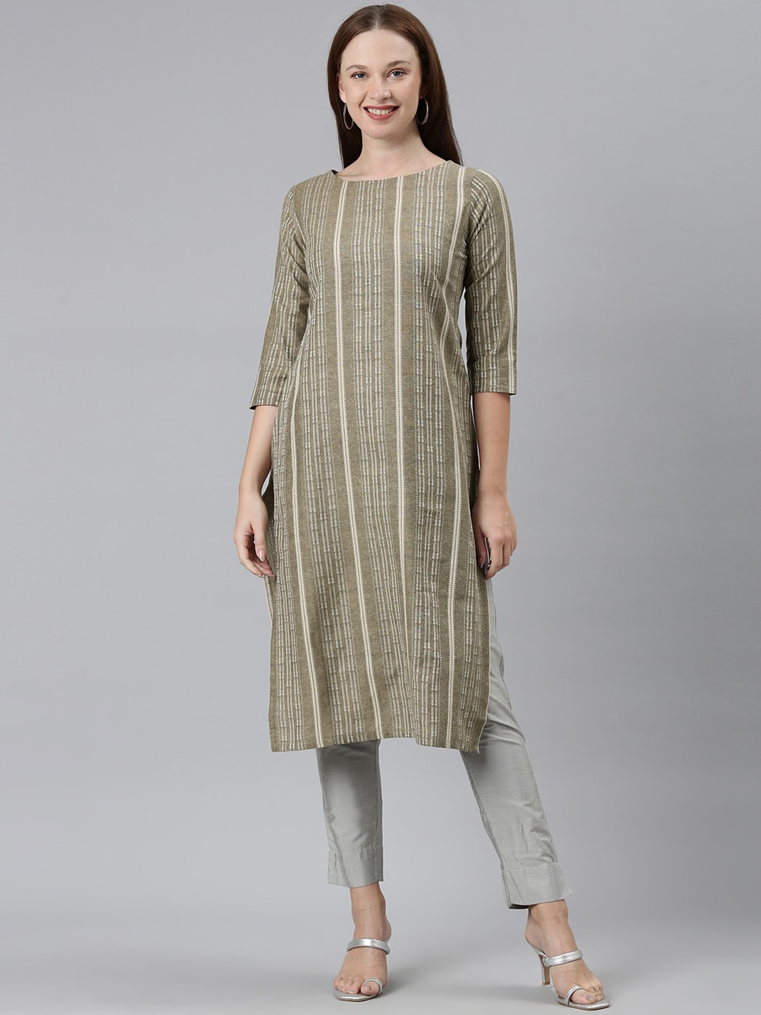 

KALINI Women Striped Flared Sleeves Sequinned Kurta, Beige