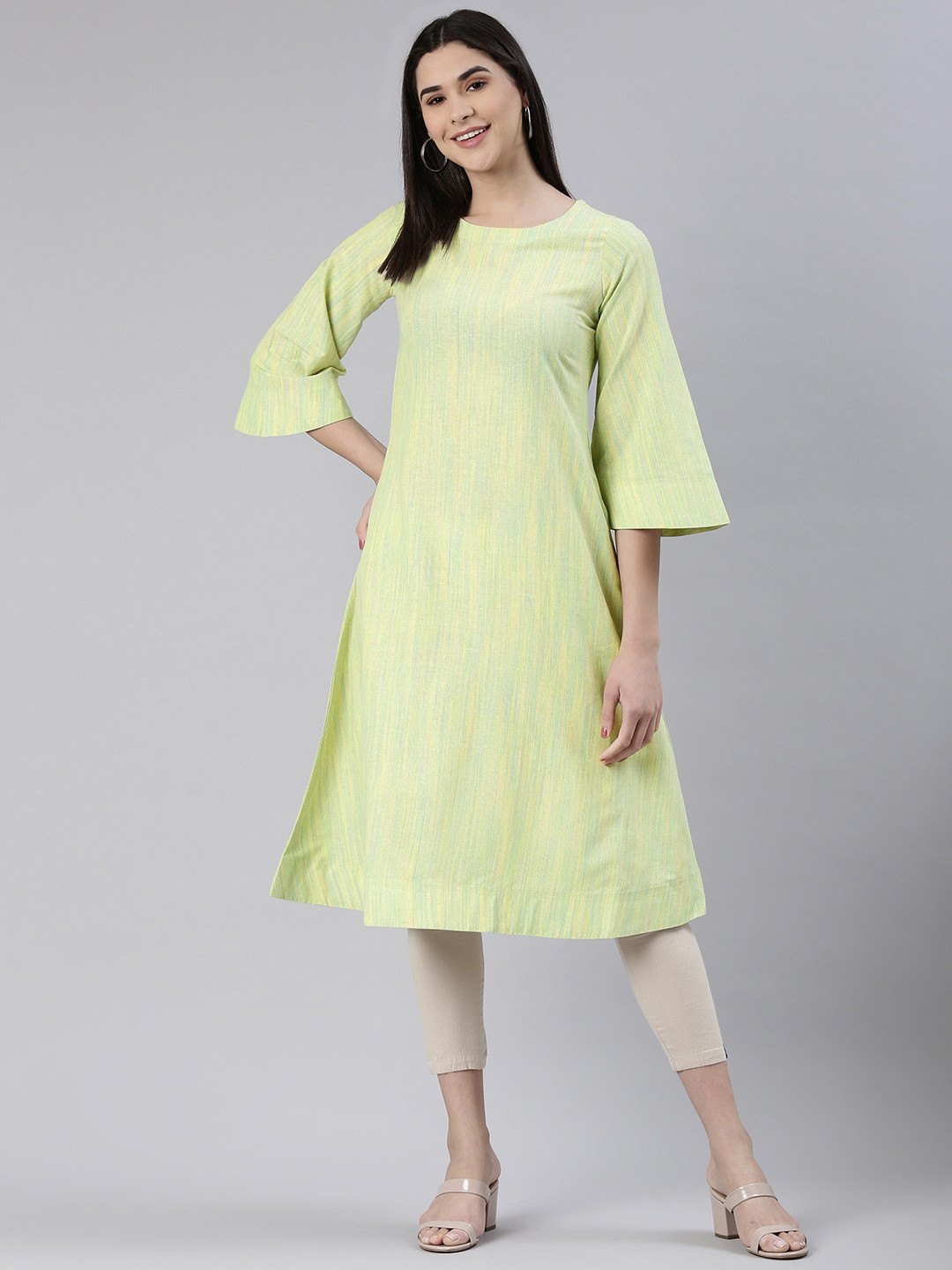 

KALINI Women Striped Flared Sleeves Thread Work Kurta, Green