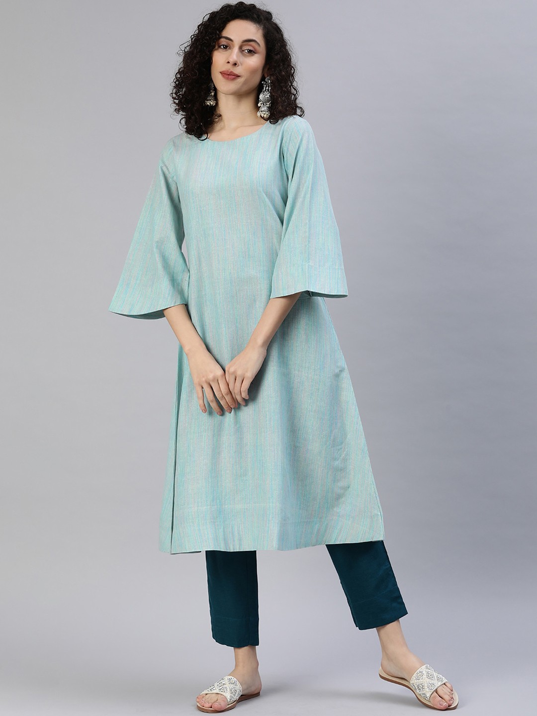 

KALINI Women Geometric Striped Flared Sleeves Thread Work Kurta, Blue