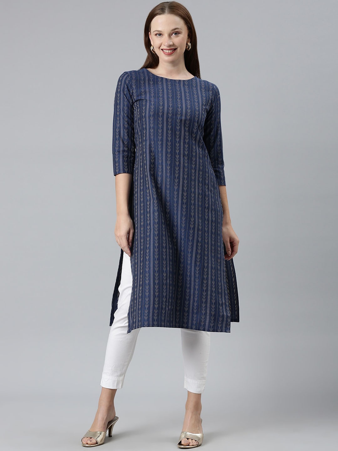 

KALINI Women Geometric Striped Thread Work Kurta, Blue