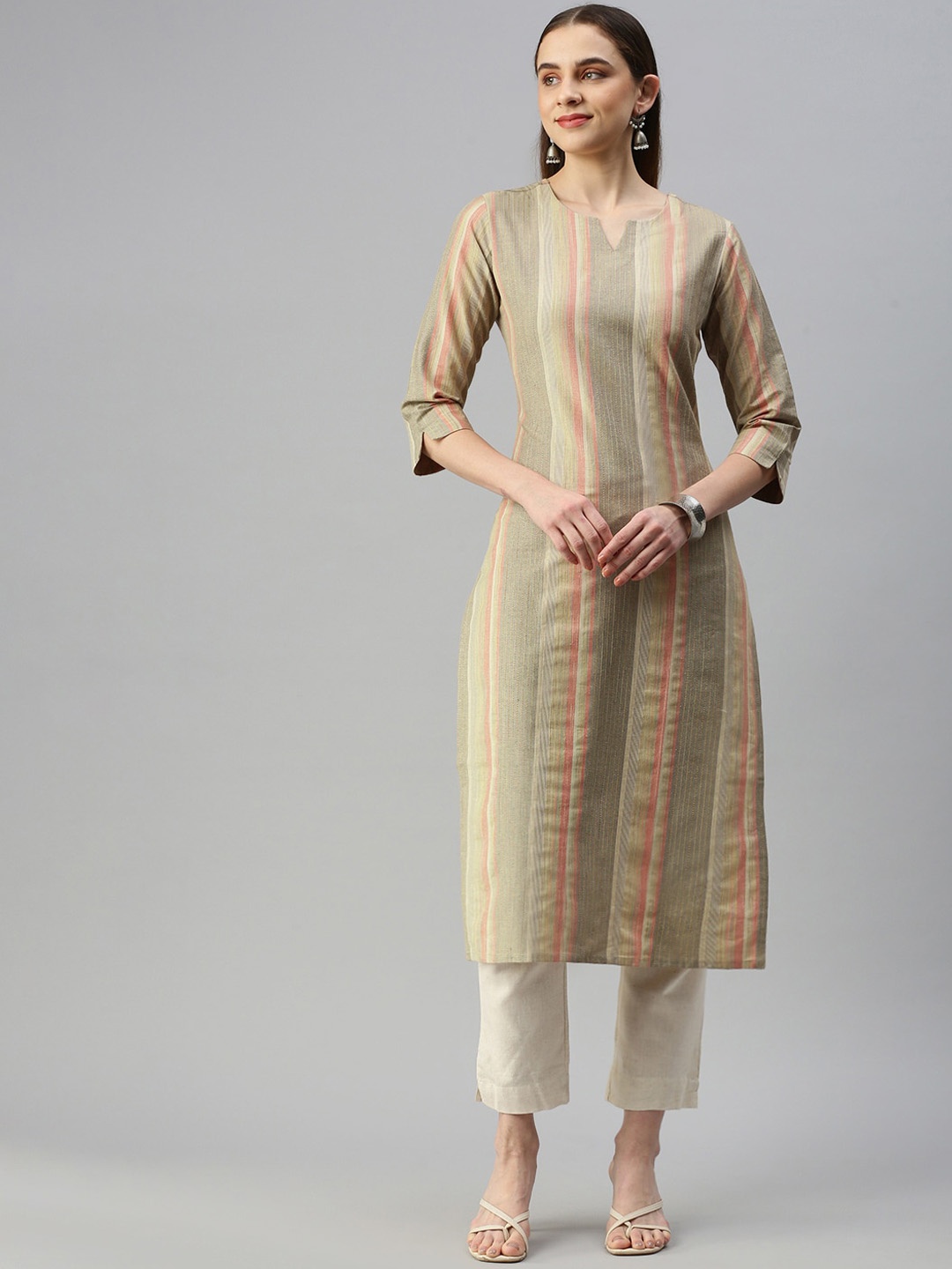 

HRITIKA Women Striped Keyhole Neck Thread Work Kurta, Beige