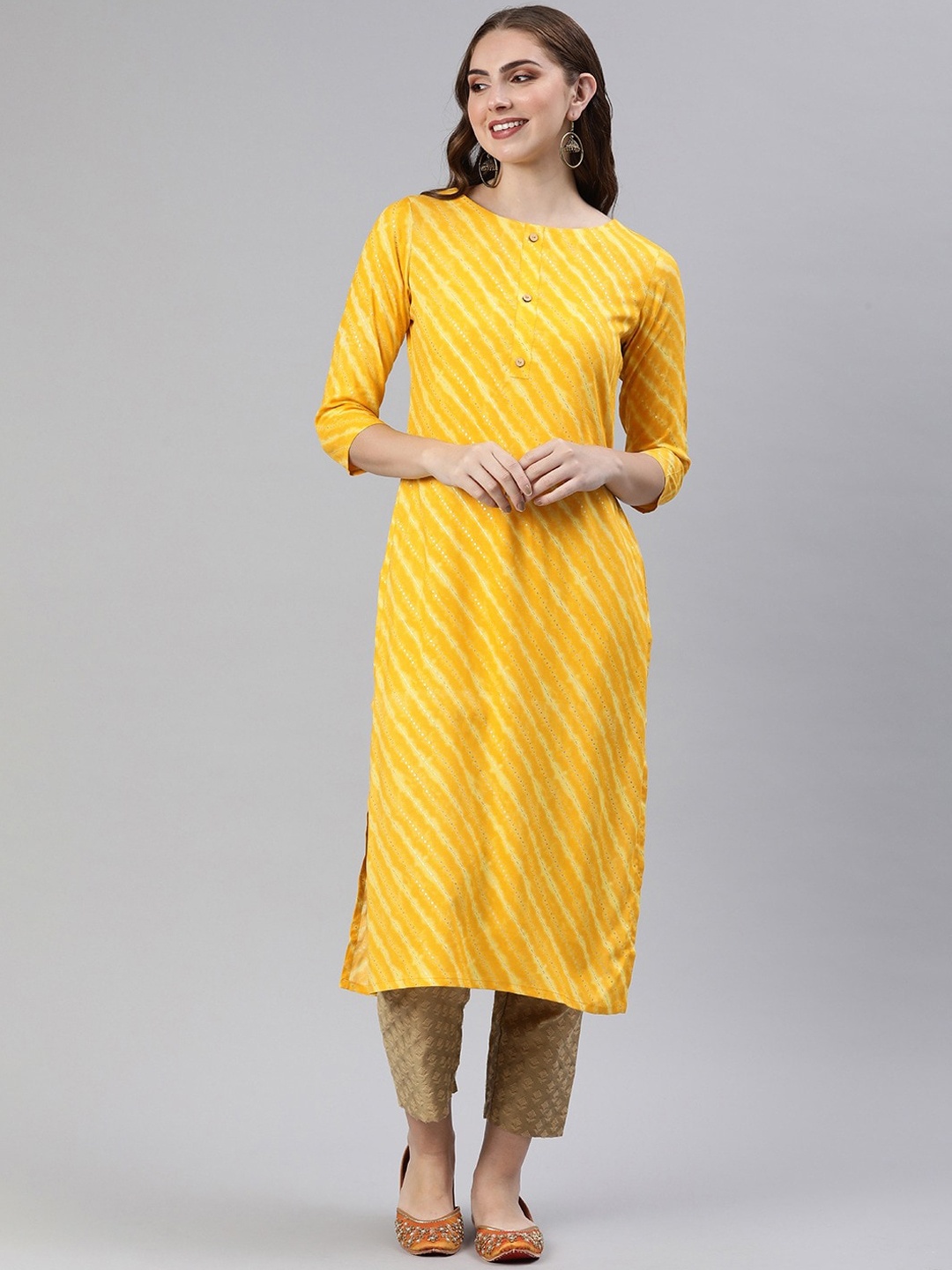 

HRITIKA Women Leheriya Striped Keyhole Neck Flared Sleeves Thread Work Kurta, Yellow